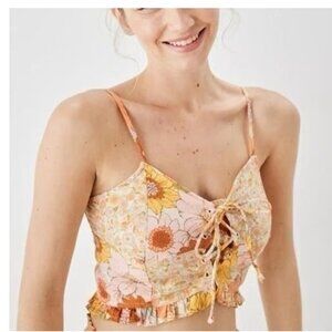 American Eagle Outfitters Floral 70's Vibe Lace-Up Crop Top